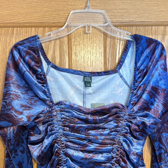 Blue Swirl Long Sleeve Velvet Bodycon Dress with adjustable ruching on f… - Picture 8 of 11